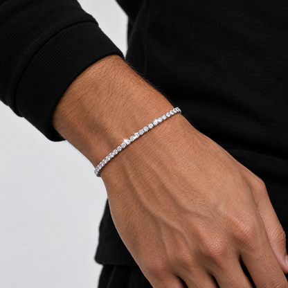 3mm VVS tennis bracelet worn on the wrist with a black long-sleeve